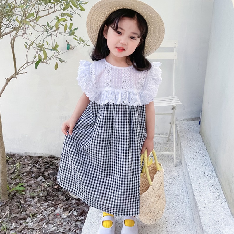 Đầm Công Chúa Cổ Tròn Phối Ren Họa Tiết Sọc Caro Ngọt Ngào Thời Trang Mùa Hè Cho Bé Gái