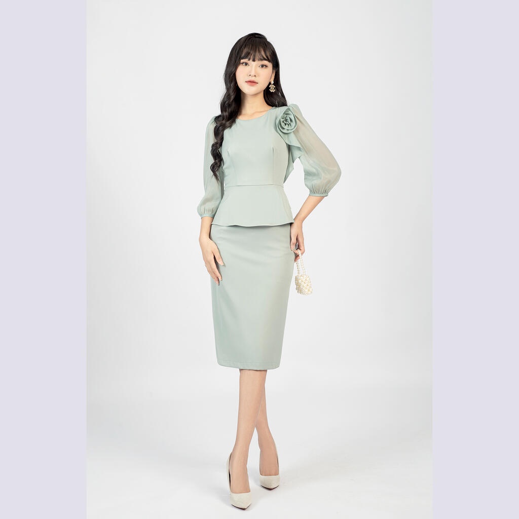 Đầm dáng bút chì, tà peplum, tay dài phối voan MMOutfit DA0222435