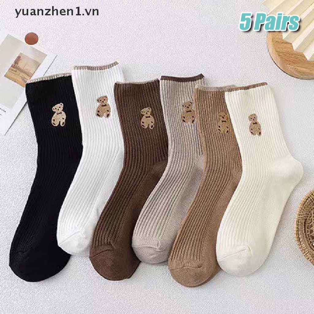 Set 5 Đôi Tất Cổ Cao In Hình Gấu Hoạt Hình Thời Trang Mùa Đông Cho Nữ
