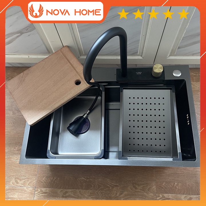 Chậu Rửa Bát 1 Hố Lớn Inox SUS304 Mạ Nano Có Vòi Rút, Thác, Bồn Rửa Chén 1 Ngăn Lớn Có Vòi Rút, Thác Xả Ngang, 75x46 cm.