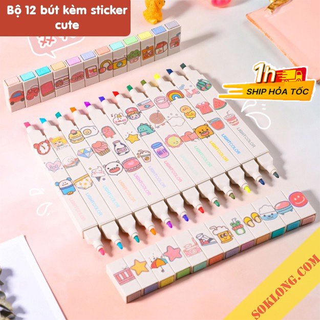 Bộ 12 bút highlight 2 đầu màu Pastel Light Color kèm sticker HI06, bút đánh dấu thân vuông ghi chú