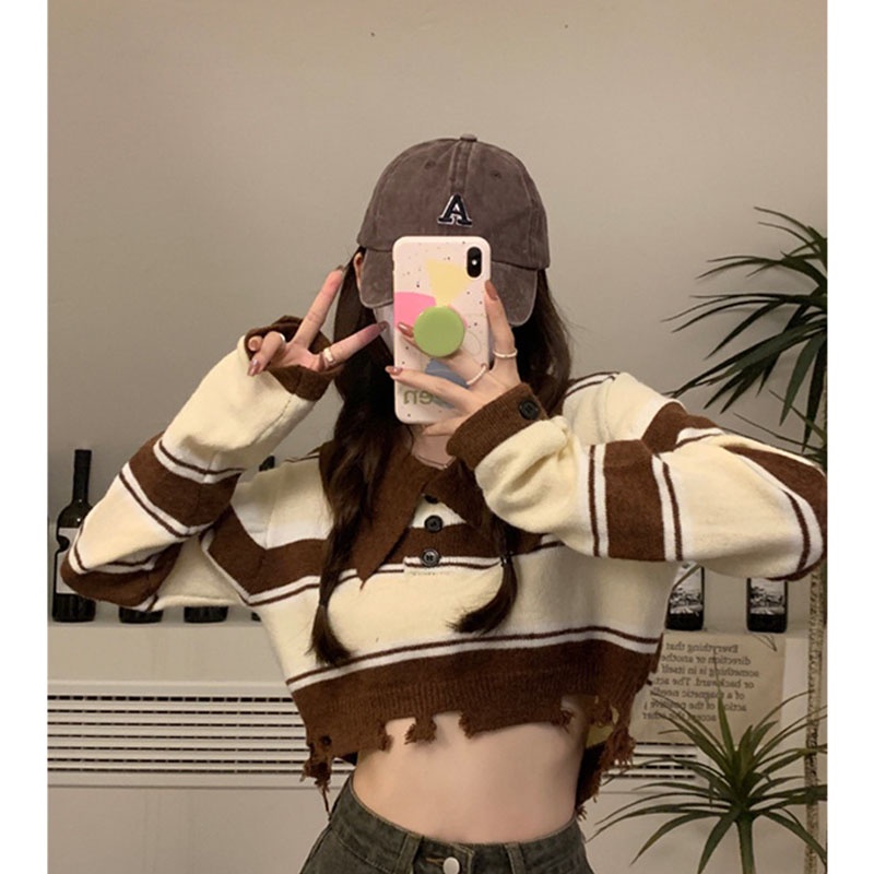 Áo thun dáng ngắn tay dài kẻ sọc ngang thời trang cho nữ VEN022 | BigBuy360 - bigbuy360.vn