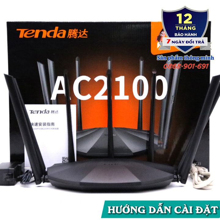 Bộ phát Wifi Router Tenda AC23 băng tần kép - Chuẩn AC2100 - 7 anten 6dbi - kết nối 128 thiết bị