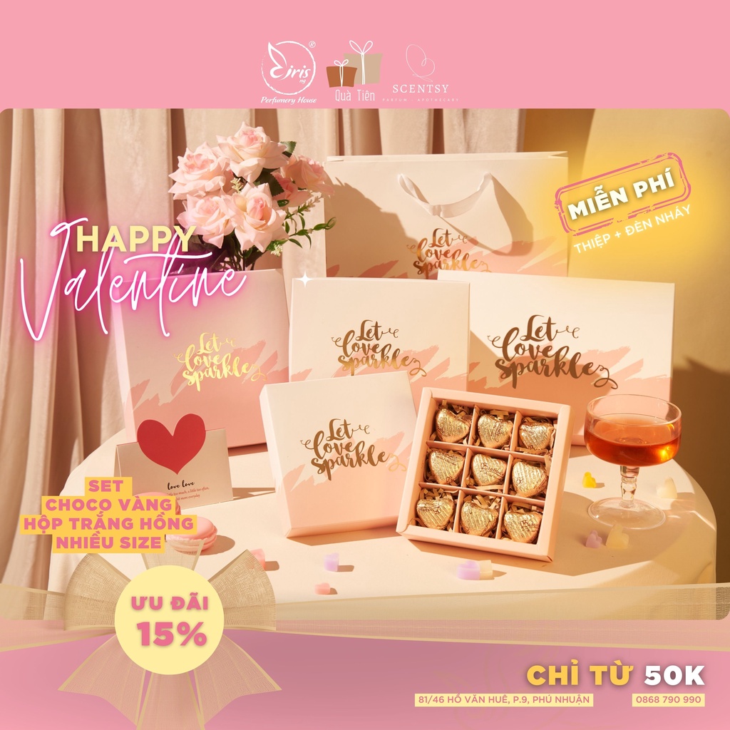 Set Quà Chocolate Trái Tim Vàng - Hộp Trắng Hồng - Nhiều Size Hộp