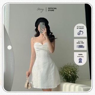 STORY Đầm Lona váy trắng chữ A hai dây cup ngực cách điệu dạo phố Story.clothes thời trang nữ