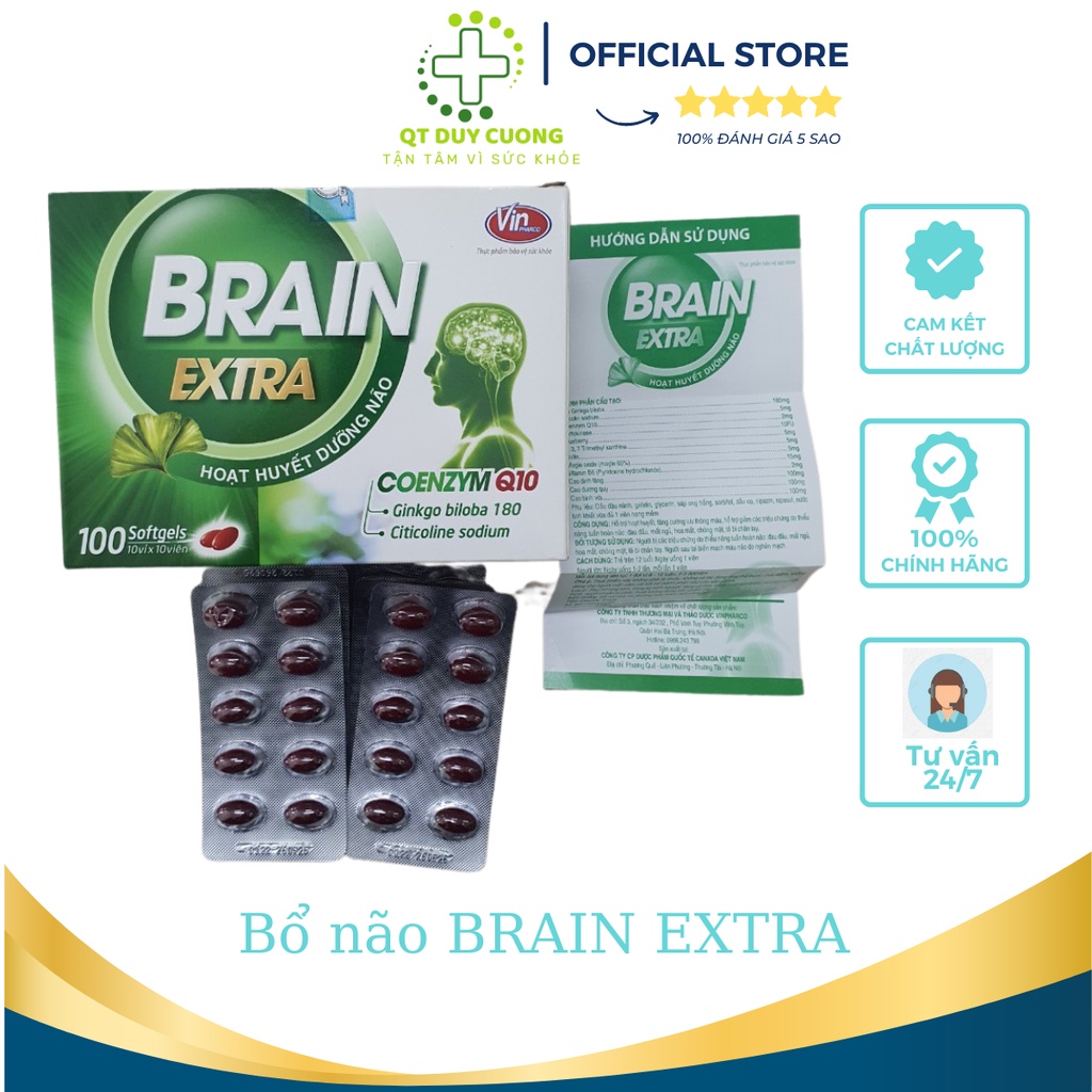 Viên uống Ginkgo BRAIN EXTRA giúp bổ não, tăng cường lưu thông, giảm hoa mắt, chóng mặt, đau đầu, mất ngủ hộp 100viên