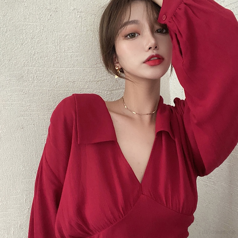 Áo Croptop Dáng Ôm Cổ Chữ V Màu Đỏ Rượu Vang Phong Cách Cổ Điển Thời Trang Cho Nữ