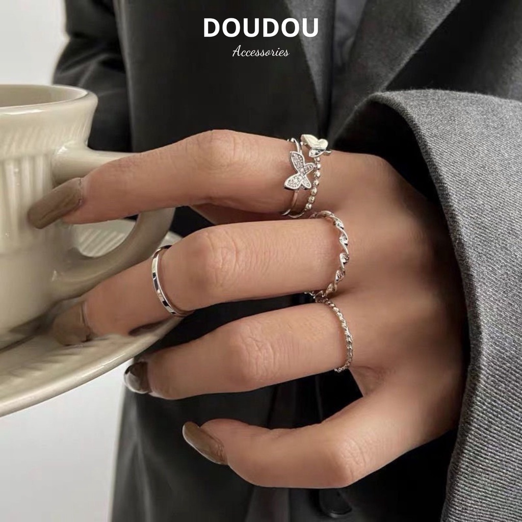 Nhẫn nữ Doudou Phụ kiện Nhẫn bạc thiết kế tiểu thư công chúa lấp lánh sang chảnh phong cách Hàn Quốc thời trang JZ004