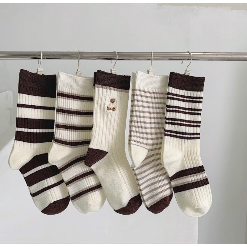 Vớ Thể Thao Cổ Trung Thêu Họa Tiết Sọc Nâu / Cà Phê Dễ Thương Phong Cách Preppy Nhật Bản Thời Trang Xuân Thu Cho Nữ