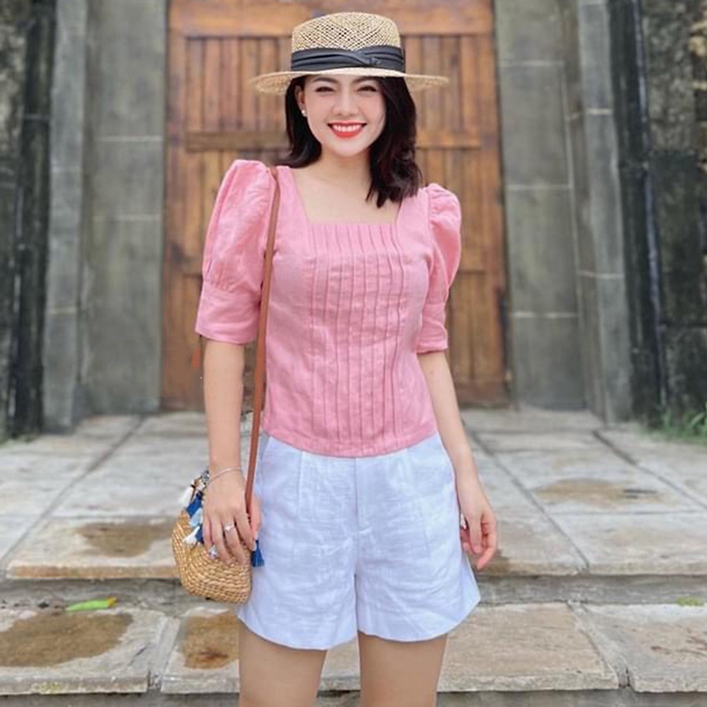 Áo kiểu nữ xếp ly ngực cổ vuông tay bồng dễ thương, chất vải Linen Hàn mềm mát xịn xò