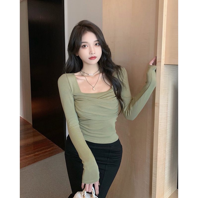 ZHELIHANGFEI Áo Thun Tay Dài Cổ Vuông Lưng Cao Dáng Ôm Kiểu Dáng Ngọt Ngào Quyến Rũ