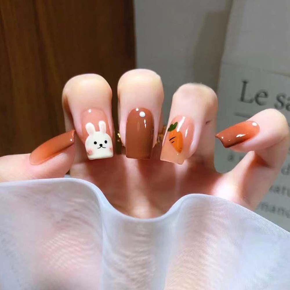 LOMBARD Móng Tay Giả Hình Thỏ Và Hoa Dạng Nhấn Che Phủ Toàn Diện Có Thể Tháo Rời Cho Nữ