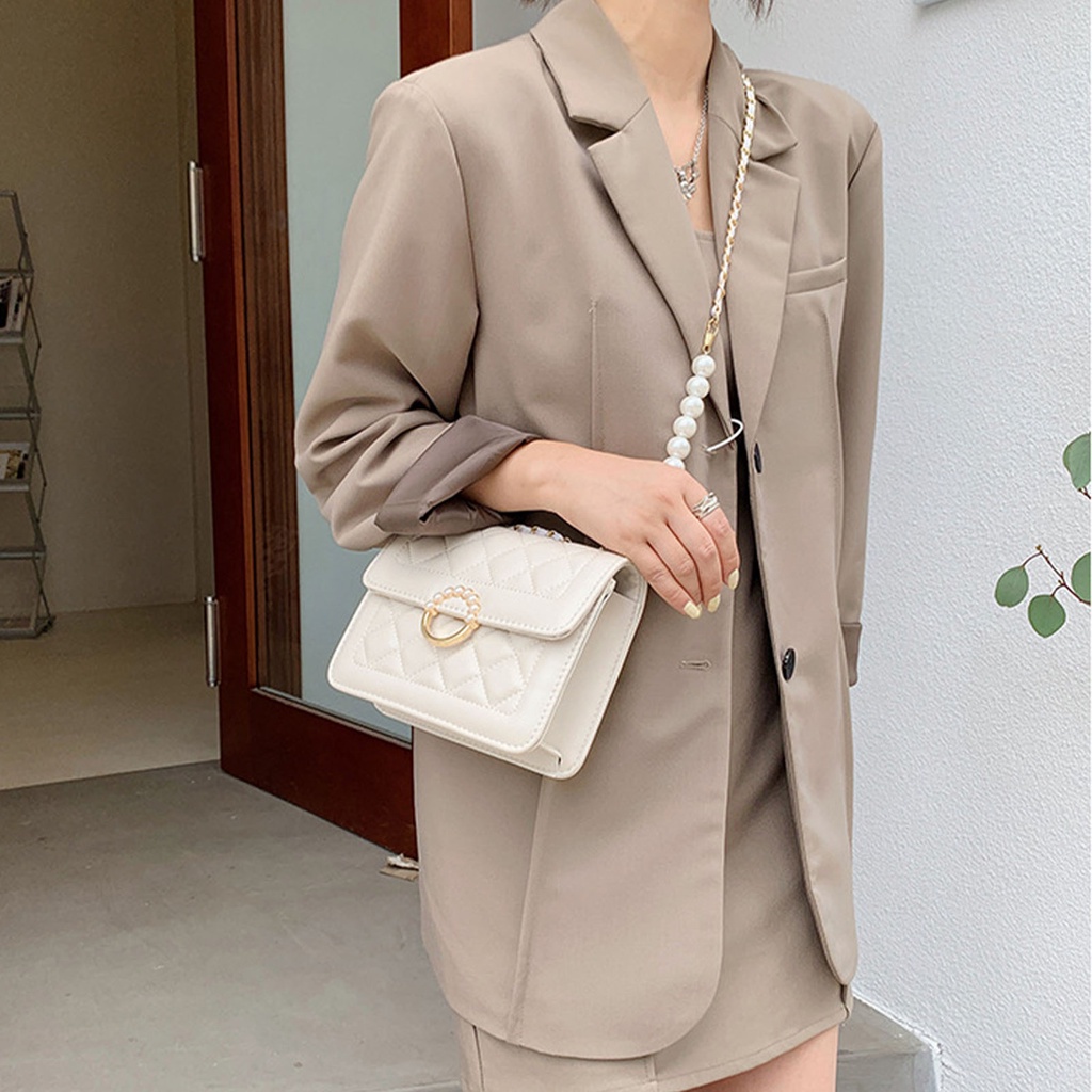 Túi xách nữ đeo chéo mini thời trang dành cho nữ - PU Phong cách Hàn Quốc Thiết kế chuỗi ngọc trai sành điệu chéo vuông - Neon074