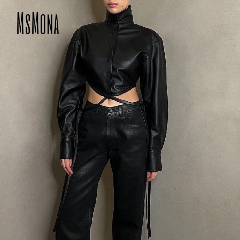 MsMona Áo Khoác Bằng Da Dáng Ôm Màu Trơn Cài Nút Thời Trang 2023 Cho Nữ