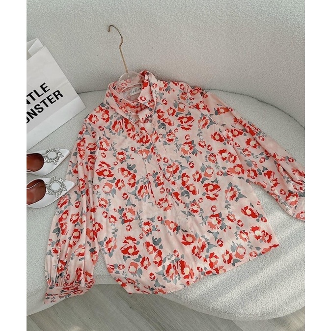 Set áo sơmi hoa đỏ thắt nơ + chân váy midi dập ly