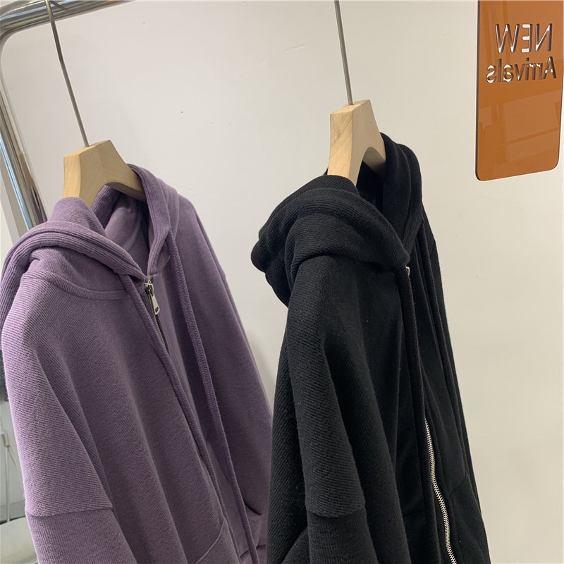 DUNEA Áo hoodie dài tay dáng rộng phối khóa kéo cá tính dành cho nữ