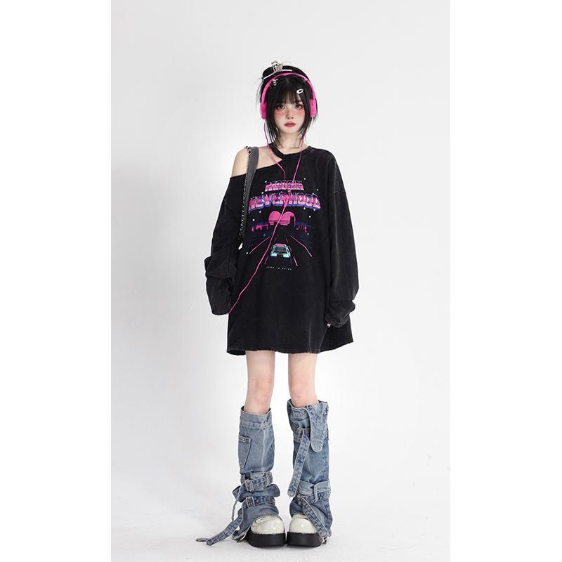 Áo Sweater Tay Dài Dáng Rộng Hở Vai In Họa Tiết Kiểu Retro Mỹ Xinh Xắn Cho Nữ Y2k 11 Shop97