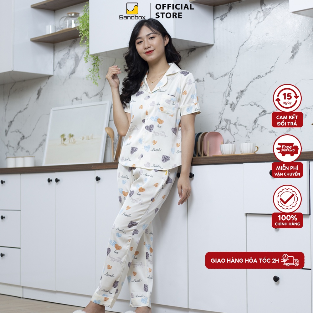 Đồ bộ pijama mặc nhà SANDBOX chất liệu lụa satin Nhật cao cấp thiết kế quần dài áo cộc họa tiết trẻ trung