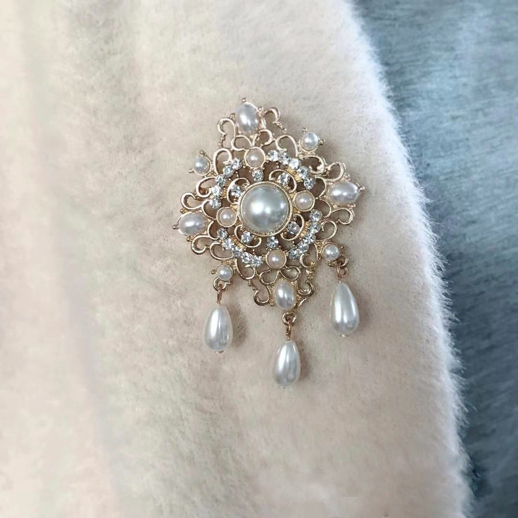 Trâm Cài Áo Hình Quạt Hợp Kim Đính Ngọc Trai Tua Rua Thời Trang Âu Mỹ Cổ Điển