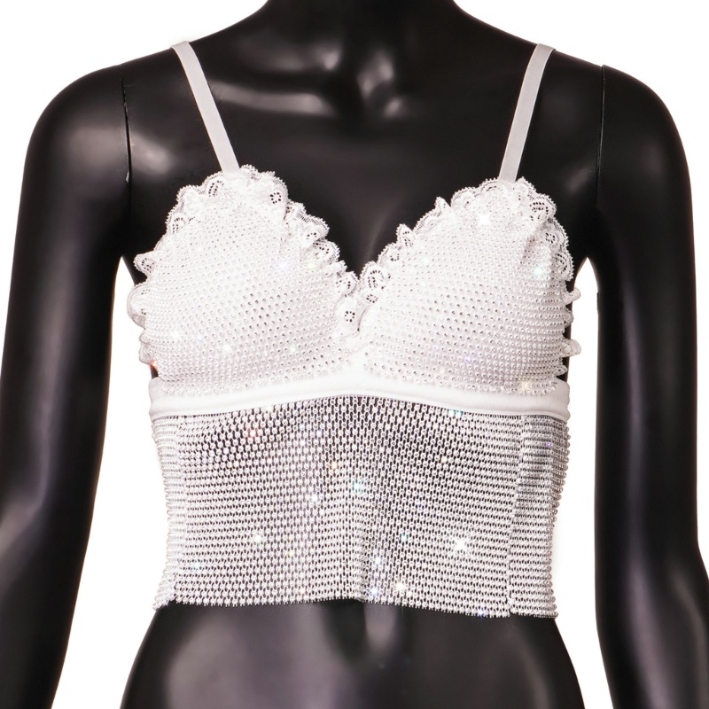 Áo Croptop Hai Dây Cổ Chữ V Phối Lưới Đính Đá Gợi Cảm Cho Nữ