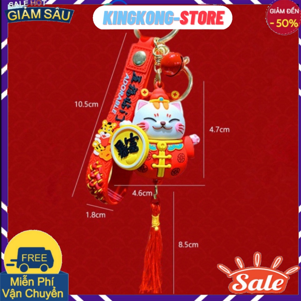 Móc khóa Mèo Thần Tài có dây tua rua dễ thương may mắn tài lộc móc treo chìa khoá xe máy hình mèo mừng năm mới -King Kon