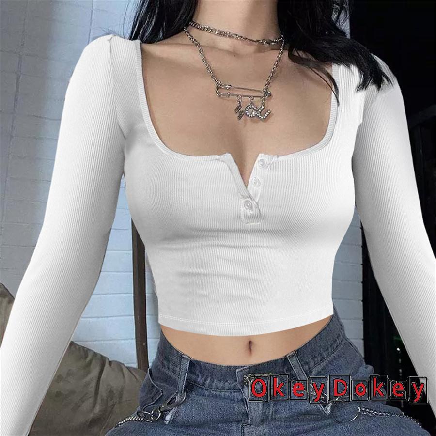 Áo Croptop Cổ Vuông Cài Nút Tay Dài Cơ Bản Dành Cho Bạn Nữ