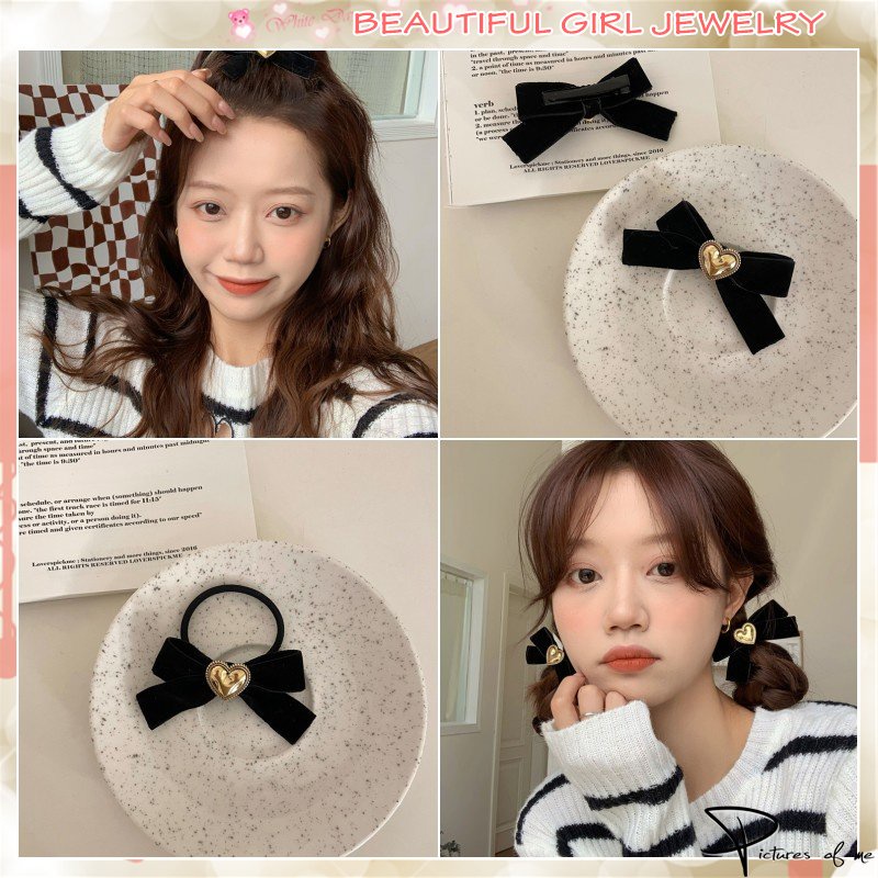 Kẹp tóc/ Dây buộc tóc cao su phối nhung hình trái tim thời trang dành cho nữ