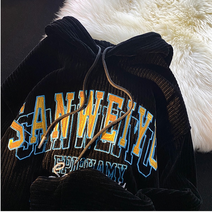 Áo Hoodies Nhung Kẻ Hoạ Tiết Chữ Thêu Thiết Kế Dáng Rộng Thoải Mái