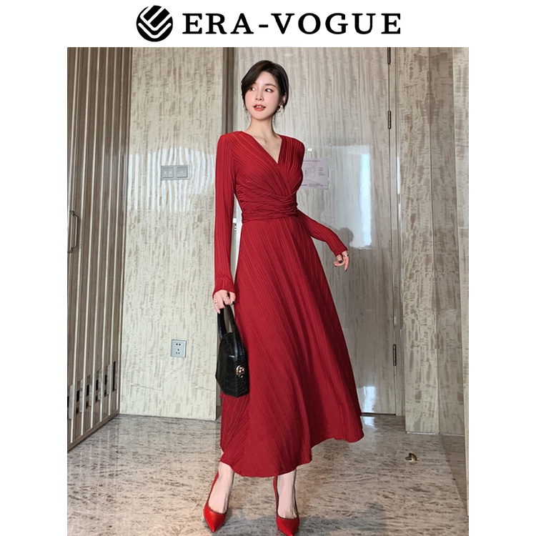 EraVogue🌷 Đầm màu đỏ Dệt Kim Dáng Dài Chiết Eo Cao Thời Trang Mùa Thu Phong Cách Hàn Quốc Cho Nữ váy dạ hội 3707