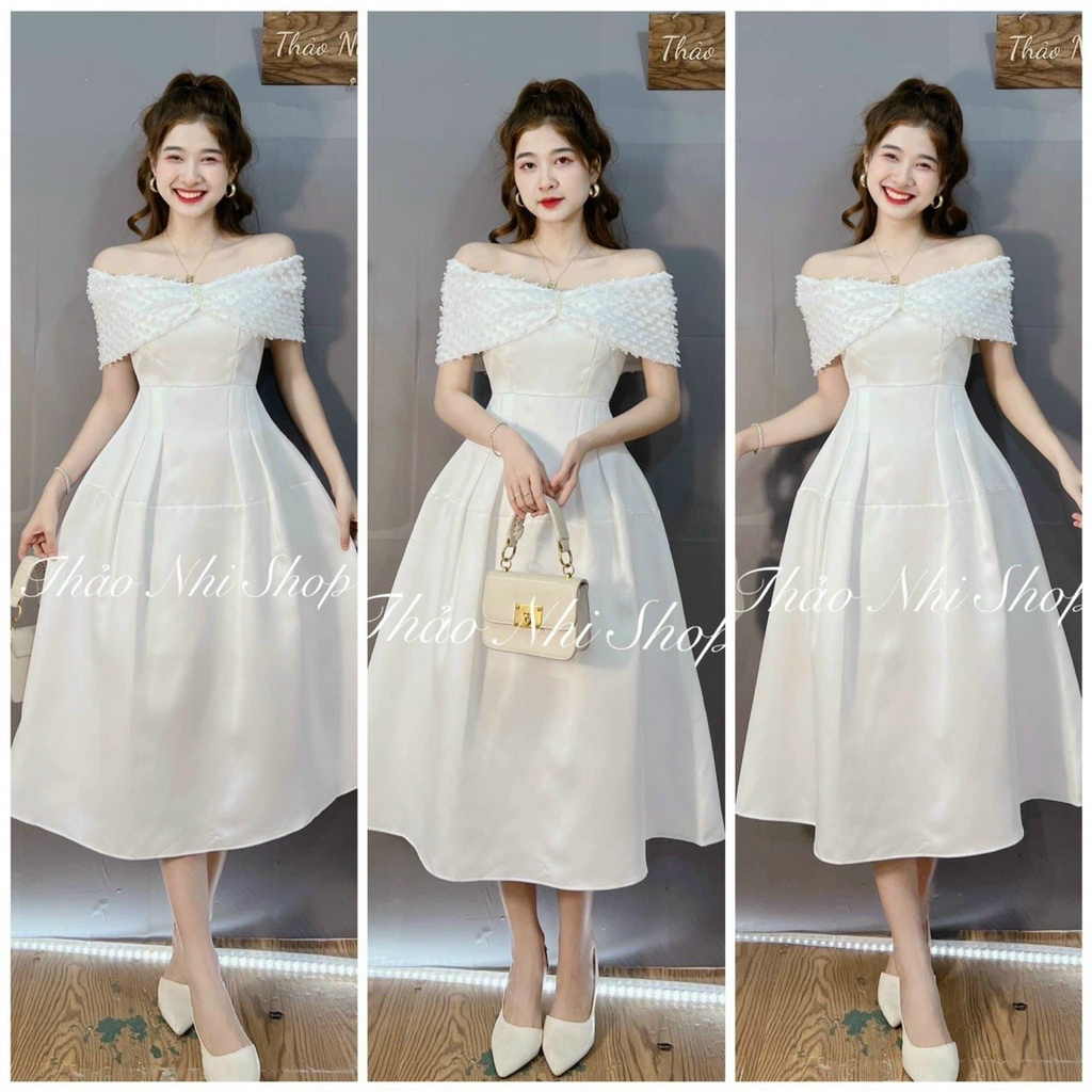 đầm tapta trễ vai bánh bèo công chúa màu trắng, váy xòe bồng tiểu thư biệt vai hàn quốc sang chảnh MyMy store