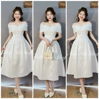 đầm tapta trễ vai bánh bèo công chúa màu trắng, váy xòe bồng tiểu thư biệt vai hàn quốc sang chảnh MyMy store