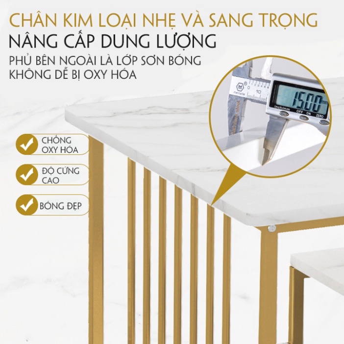 Bàn sofa phòng khách BETA HOME bàn trà mặt gỗ 3 tầng họa tiết vân đá cẩm thạch chân sơn nhũ vàng kích thước 100*50*42cm | BigBuy360 - bigbuy360.vn