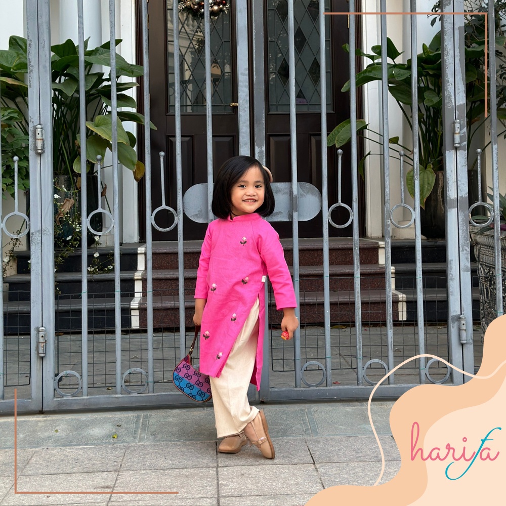 BADT010 Áo dài bé gái - màu hồng đậm - chất liệu linen thêu tay - họa tiết hoa lác đác - 1-6 tuổi