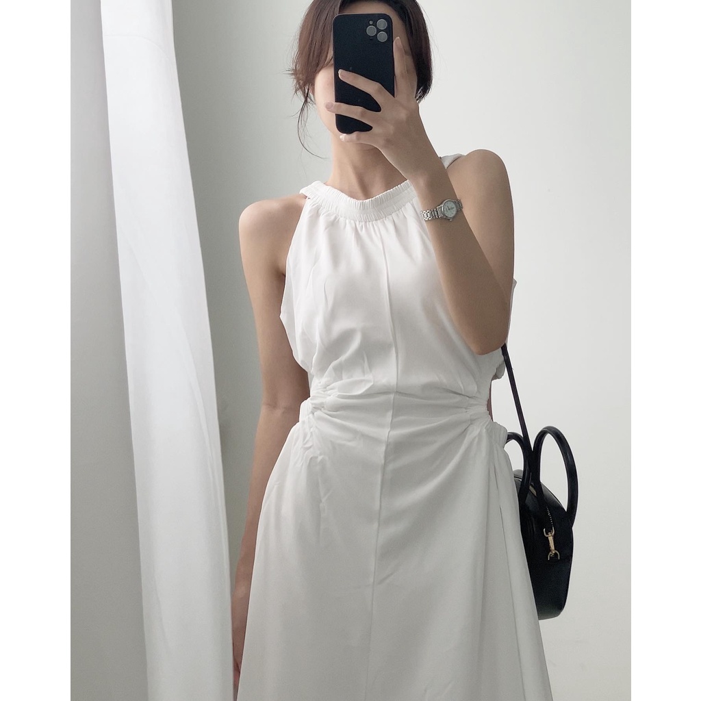 Váy Cổ Yếm Bo Chun Khoét Eo, Đầm Dài Cut Out, Váy Maxi Midi Dáng Dài Khoét Eo Màu Trắng - immin.h