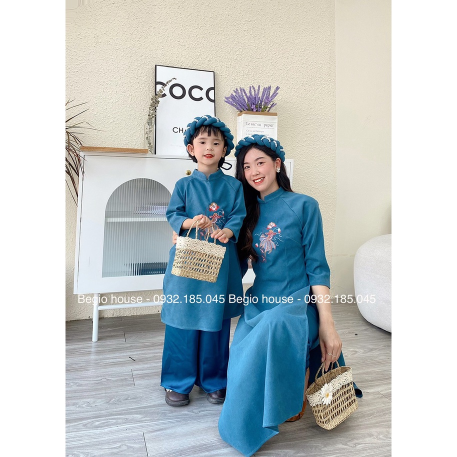 Áo dài gia đình thêu chim cá