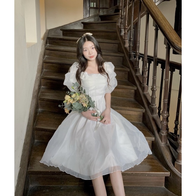 Đầm trắng dáng bồng *Sam Dress* tag hoa mặc kỷ yếu, đám cưới, Tết