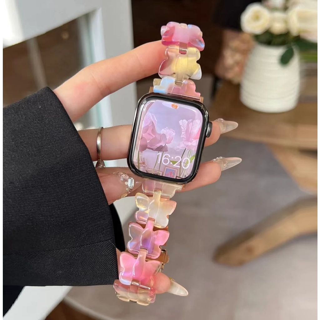 Dây Đeo Đồng Hồ Bằng Resin Trong Suốt Hình Bướm Kích Thước 49mm 38mm 40mm 41mm 45mm 42mm 44mm Thiết Kế Mới Cho Series 8 7 se 6 5 4 3 2 1