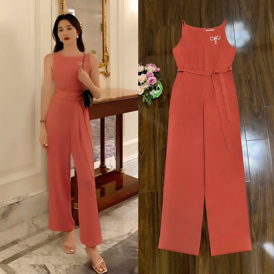 Jumpsuit dài đồ jum dài ống suông thắt nơ eo ngực đính tag nơ xinh xắn TJ1212