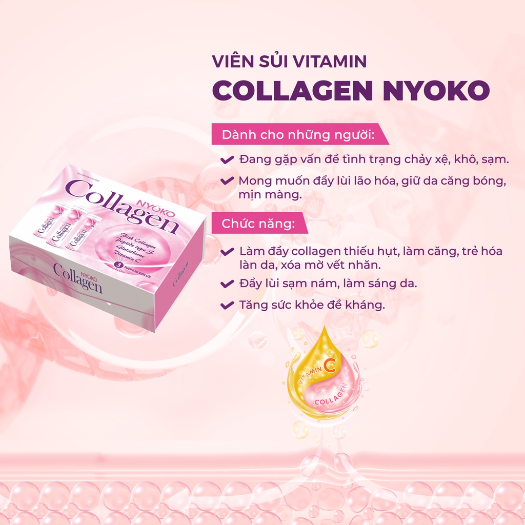 Collagen uống thủy phân Nyoko chiết xuất cá tuyết Nhật Bản chống lão hóa hàm lượng 1250mg/viên hộp 3 lọ x 20 viên