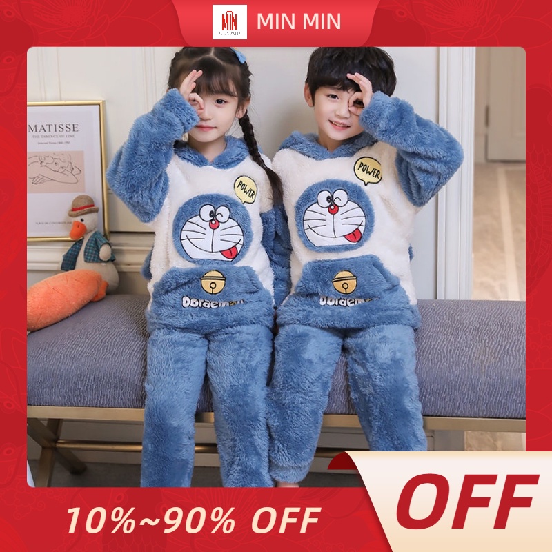 Bộ Đồ Ngủ Pijama Vải Lông Cừu San Hô Họa Tiết Hoạt Hình Dễ Thương Giữ Ấm Mùa Đông Cho Bé