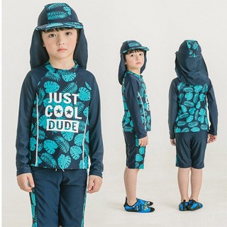 BBB Baby Boy Leaf Prints Long Sleeve Split Swimwear Kids Quick Drying Swimsuit Beach Trunks Shorts Surfing Suit