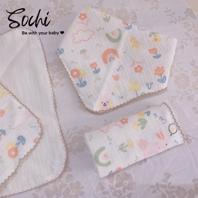 Set 3 khăn yếm giác đa năng vải xô muslin có khuy điều chỉnh họa tiết đáng yêu cho bé SoChi_Kids