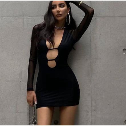 Đầm Body Tay Dài Cổ Chữ V Khoét Sâu Màu Sắc Thanh Lịch Cho Nữ