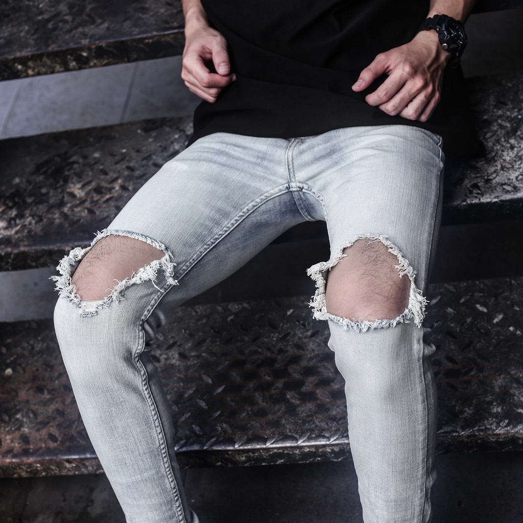 Quần Jeans Nam Màu Xanh Nhạt Rách To Hai Bên Gối Form Skinny Co Giãn Chất Liệu Cotton | BigBuy360 - bigbuy360.vn