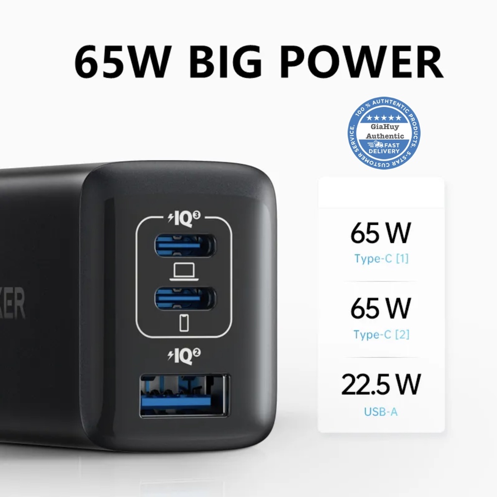 Bộ sạc B2332: Củ sạc nhanh ANKER 535 PPS/PD 65W 2C1A - A2332, kèm Cáp sạc C to C PD 100W dài 1.5m