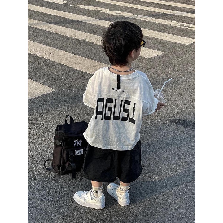 Áo thun ngắn tay cotton chữ AGUST.16 cá tính cho bé