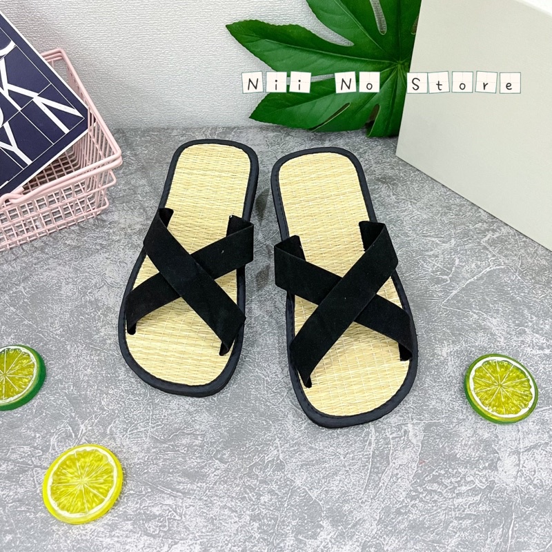 Dép chiếu cói quai nhung chéo thời trang