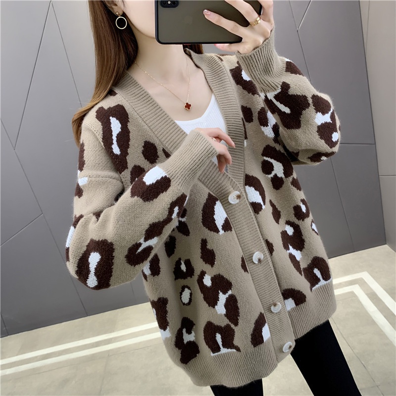 Áo Khoác Cardigan Dệt Kim Dáng Rộng In Họa Tiết Da Báo Thời Trang Mùa Thu Mới Cho Nữ