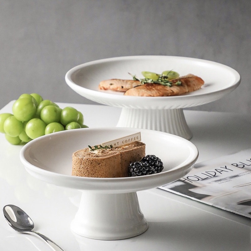 Đĩa sứ trắng có đế cao, đĩa đựng món tráng miệng cho nhà hàng kiểu Âu, bát đĩa decor