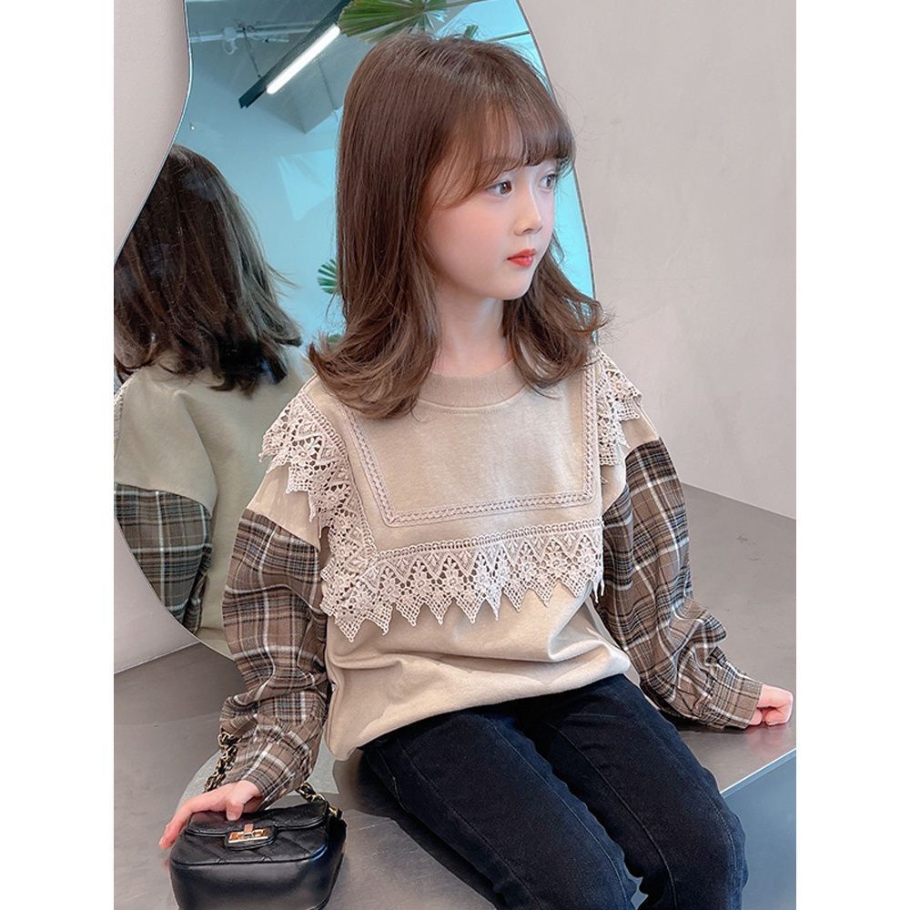 Áo Thun Tay Dài Giả Hai Lớp Phối Ren Thời Trang Xuân Thu Cho Bé Gái 3-15 Tuổi